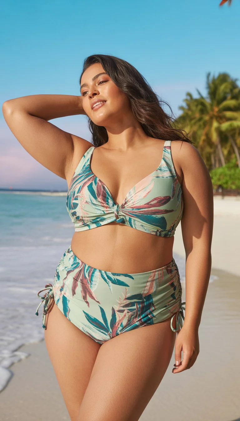 Tropical Foliage Print with Tie Side Bottoms A beautiful plus size woman in a vibrant tropical print bikini featuring teal pink and maroon foliage on a light green background with ruched tie side high waisted bottoms, summer beach.