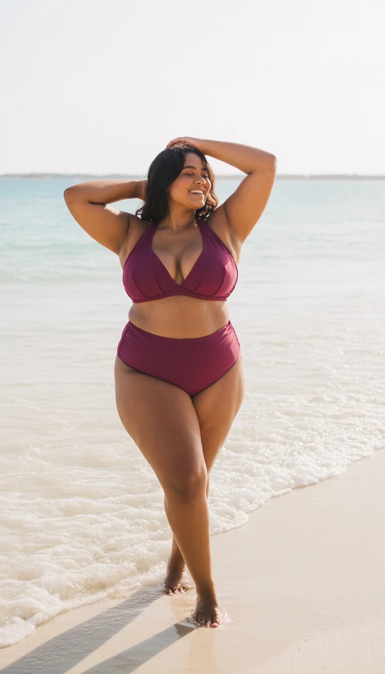 Deep Burgundy Halter with High Cut Bottoms A beautiful plus size woman in a deep burgundy halter bikini top with a plunging neckline and matching high cut high waisted bottoms, summer beach.