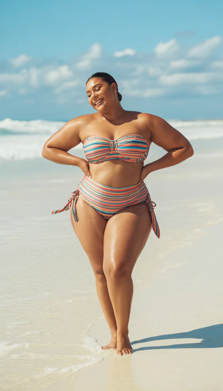 Strapless Side Tie Set with Colorful Stripes A beautiful plus size woman in a strapless style bikini top with subtle ruching and colorful horizontal stripes paired with matching high waisted bottoms tied at the sides, summer beach.