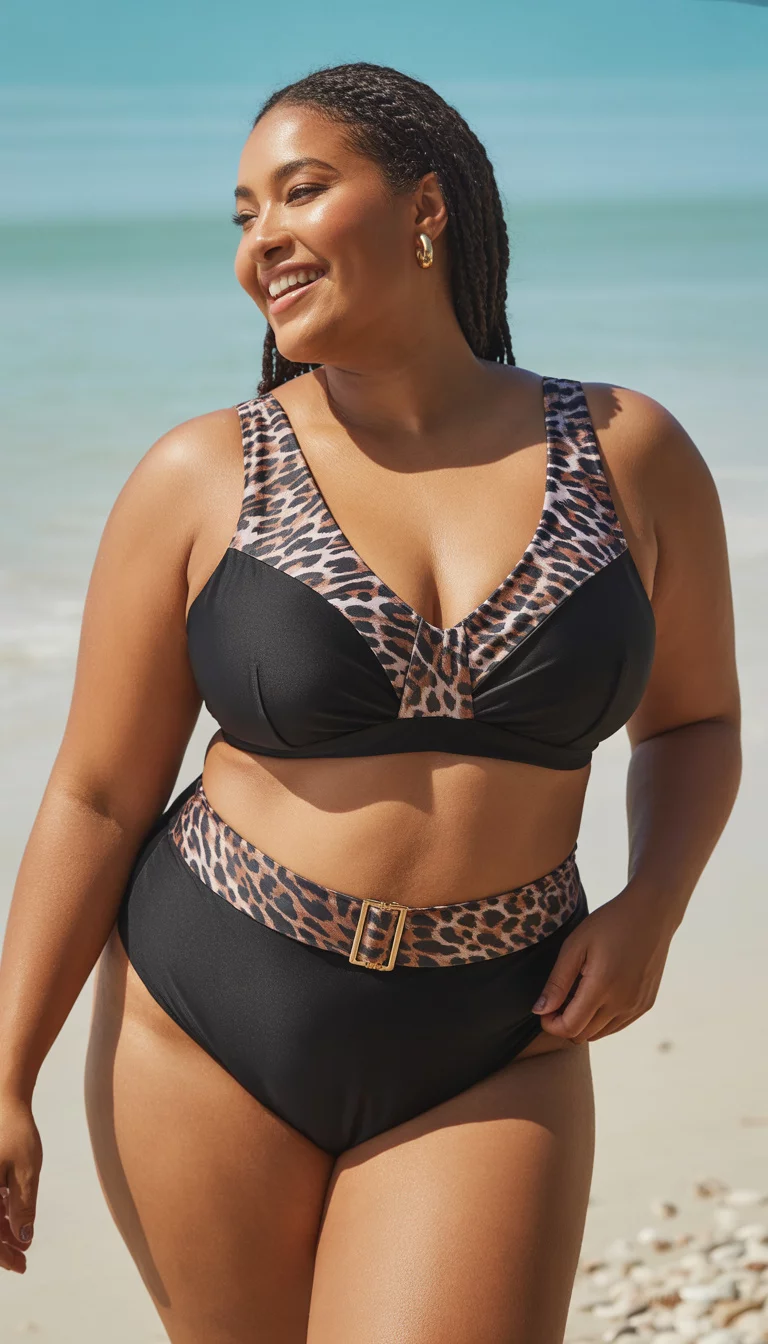 Black Set with Leopard Panels and Gold Buckle A beautiful plus size model in a black bikini with leopard print panels on the straps and a leopard band on the high waisted bottoms secured with a small gold buckle, summer beach.