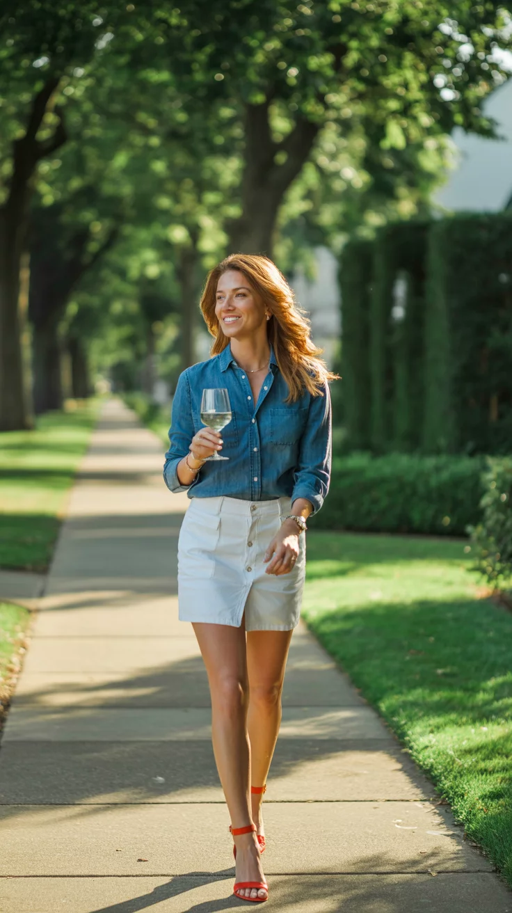 A beautiful woman in a blue denim button-down shirt, white mini skirt, and red ankle-strap sandals, walking down a suburban sidewalk holding a glass of white wine.