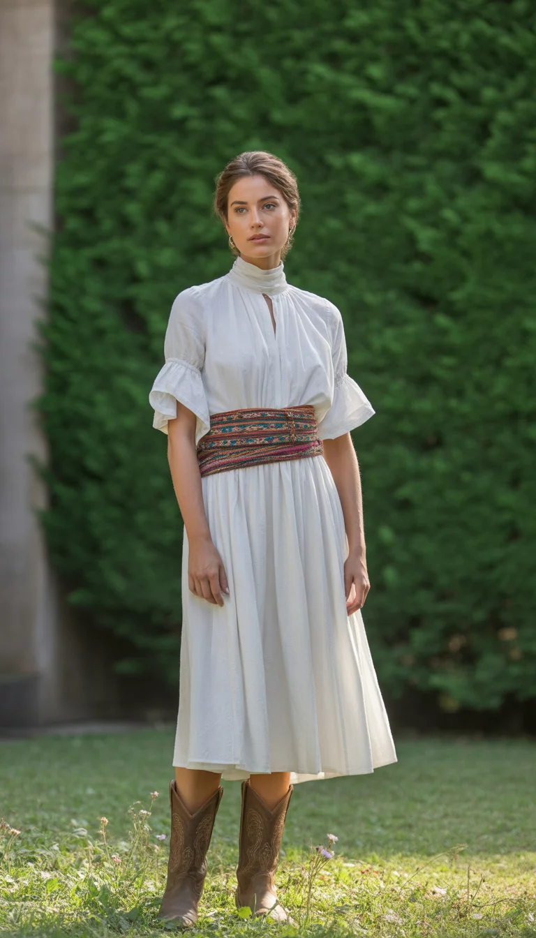 A beautiful woman in a white high neck dress with ruffled sleeves, a patterned waist sash, and brown cowboy boots, she stands outdoors against a green hedge.