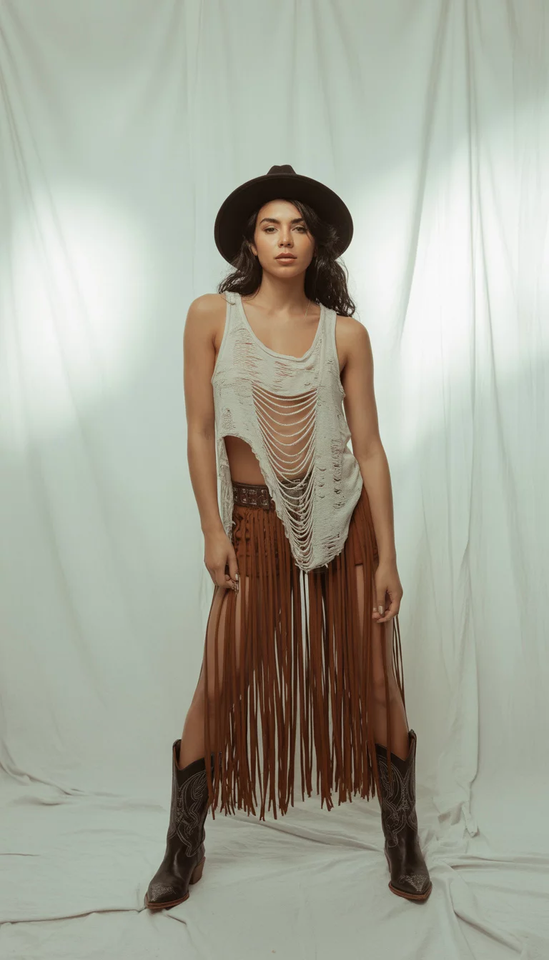 A beautiful woman in a white distressed Rock n Roll tank top, a long russet fringe skirt, a black hat, and black western boots, she poses on a plain white backdrop.