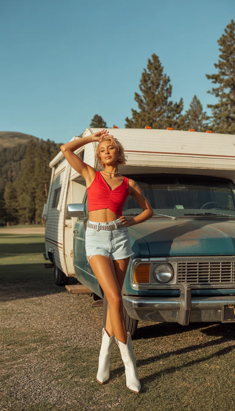 A beautiful woman in a red ruched crop top, light blue ripped denim shorts, a silver chain belt, and white cowboy boots, she poses in front of an RV at a campsite.