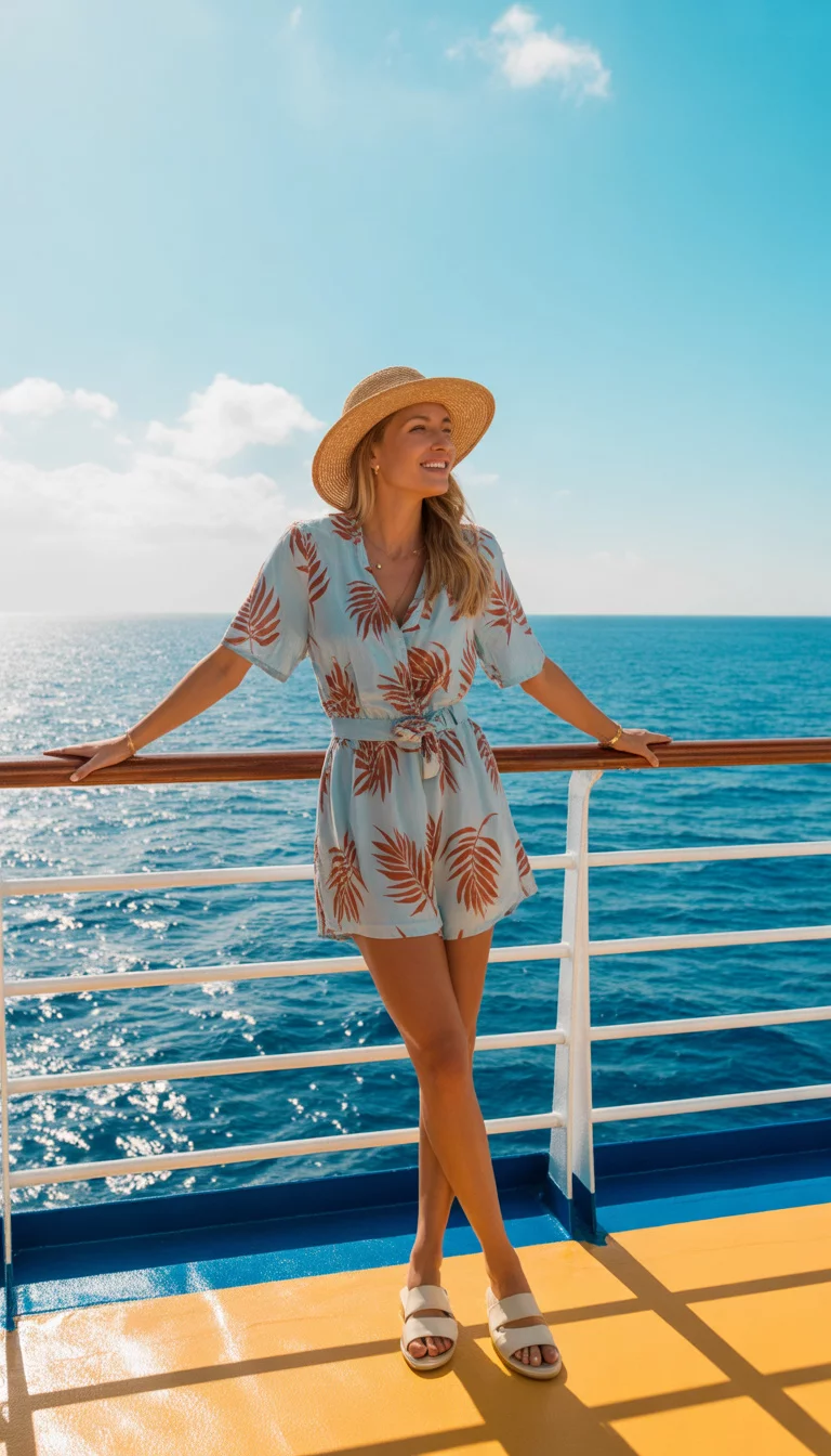 Playful Tropical Romper A beautiful woman in a light blue short sleeved romper with a reddish leaf print, a straw hat, and white sandals, standing on a cruise ship deck with the ocean visible.