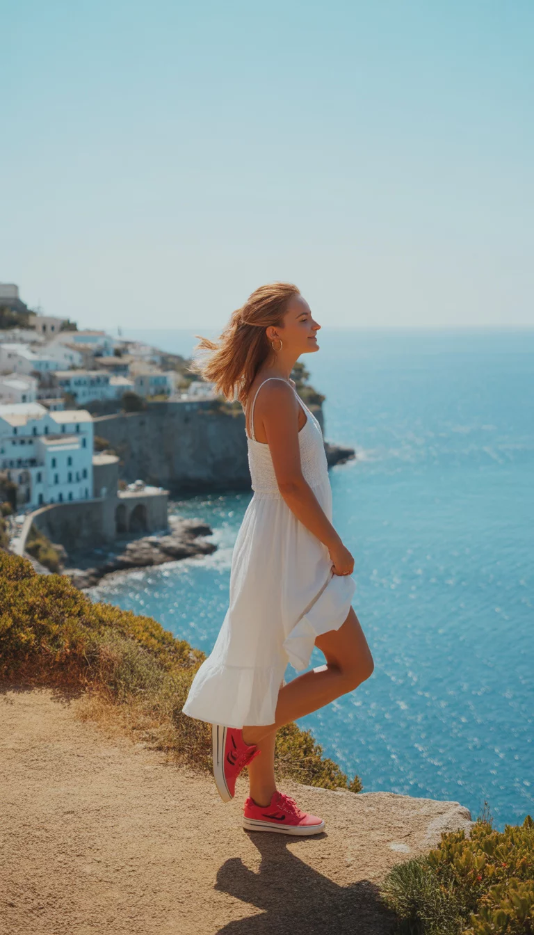 Classic White Sundress High Above A beautiful woman in a white sundress and red sneakers, standing above a coastal town with white buildings and the deep blue sea.