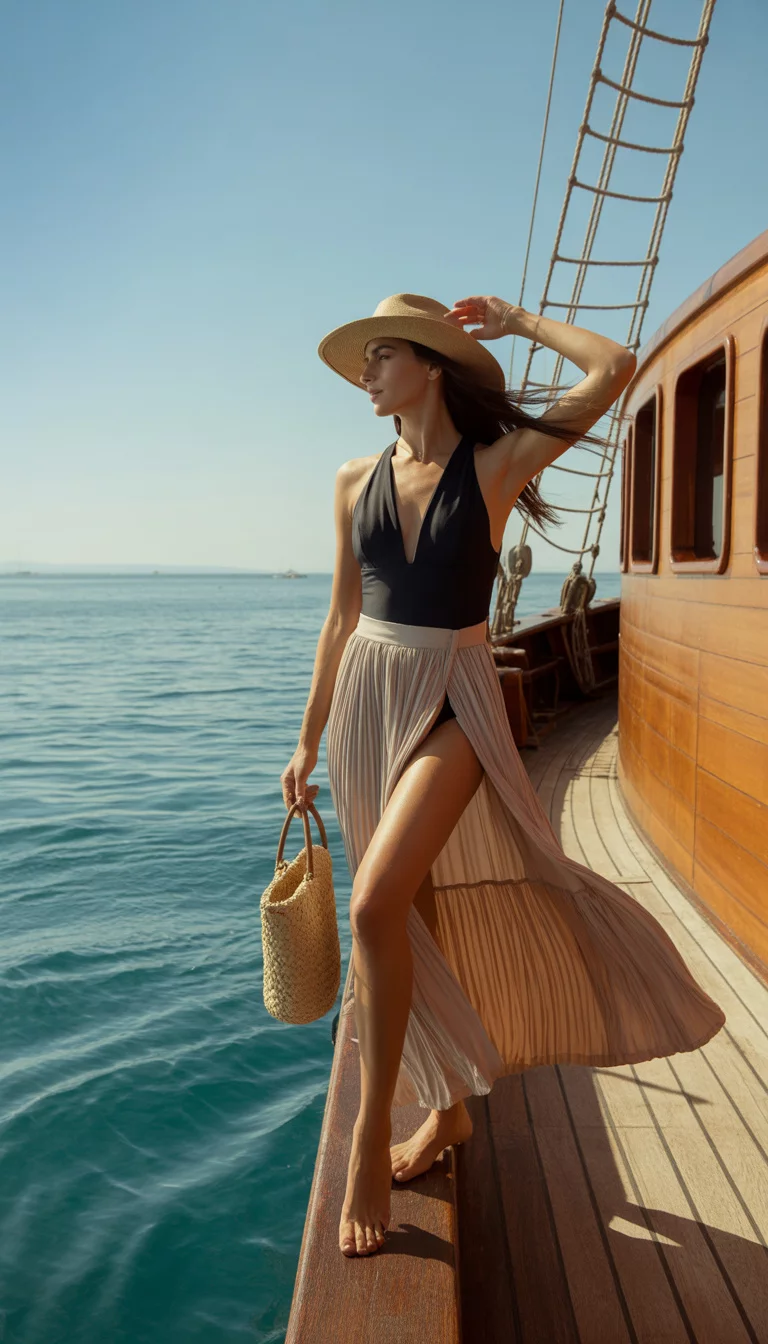 Chic Deckside Elegance A beautiful woman in a black swimsuit, a flowy beige maxi skirt with a high slit, a wide brim straw hat, and she holds a woven straw bag, standing on a ship deck against a clear sea backdrop.