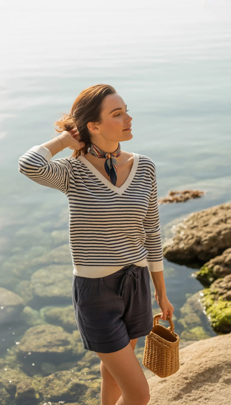 Nautical Knit Sophistication A beautiful woman in a navy and white striped V neck sweater, dark shorts, a small colorful neck scarf, and she holds a small woven brown bag, posing by the water.