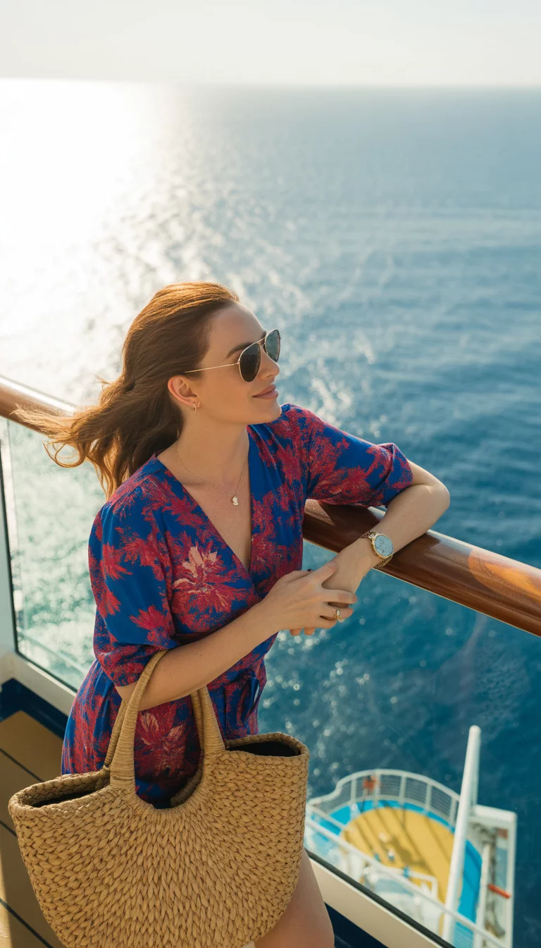 Balcony Ready Floral Romper A beautiful woman on a cruise balcony in a blue and red floral print romper and aviator sunglasses, holding a large straw bag with a rock climbing wall in the background.