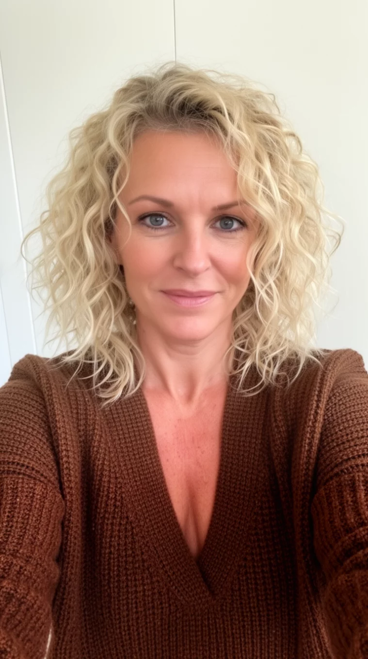 selfie of a 44-year-old woman wearing a deep V-neck brown knit sweater with a shoulder-length messy blonde curls hairstyle, front view, minimal background