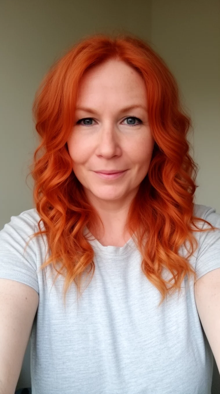 selfie of a 39-year-old woman wearing a light grey t-shirt with a warm reddish-orange wavy hair hairstyle, front view, minimal background