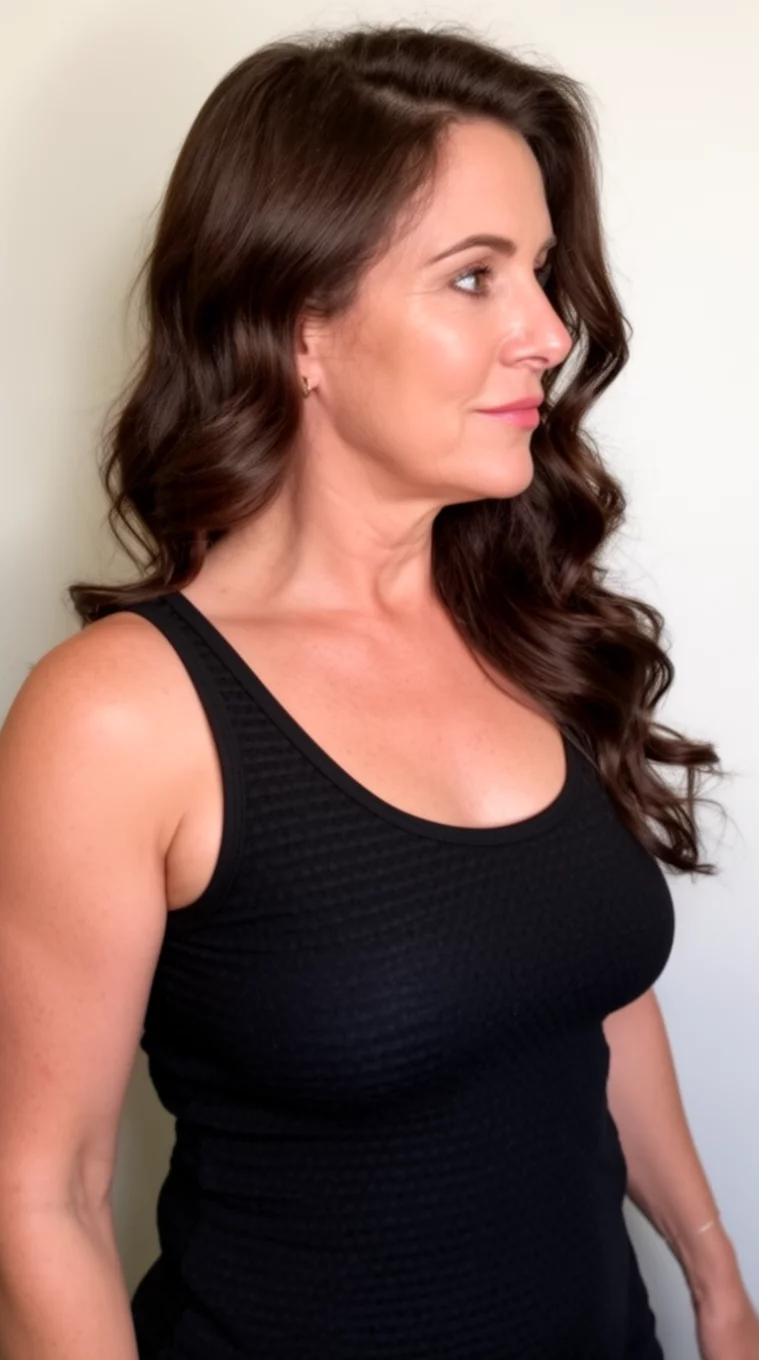 casual photo of a 46-year-old woman wearing a black textured tank top with a very long voluminous dark brown wavy hair swept to one side hairstyle, side view, minimal background