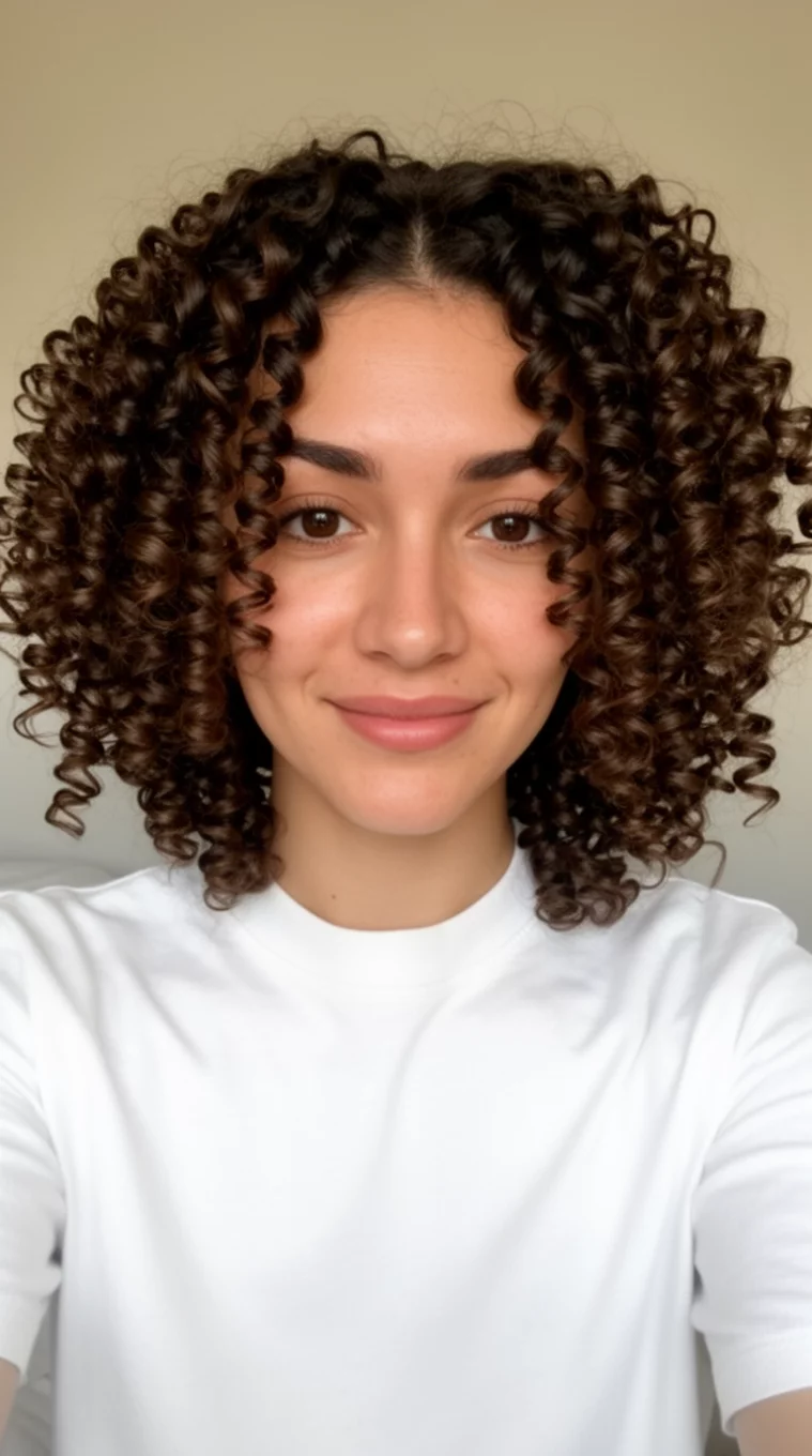 selfie of a 29-year-old woman wearing a white crew-neck top with a defined brunette corkscrew spirals hairstyle, front view, minimal background