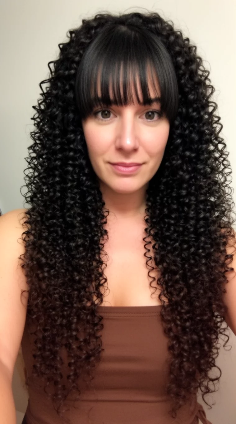 selfie of a 36-year-old woman wearing a strapless brown top with a very long dark tight corkscrew curls and fringe hairstyle, front view, minimal background