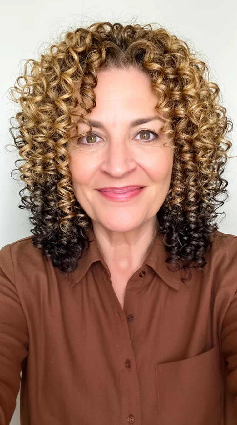 selfie of a 48-year-old woman wearing a brown collared shirt with a honey blonde and dark brown voluminous corkscrew curls hairstyle, front view, minimal background