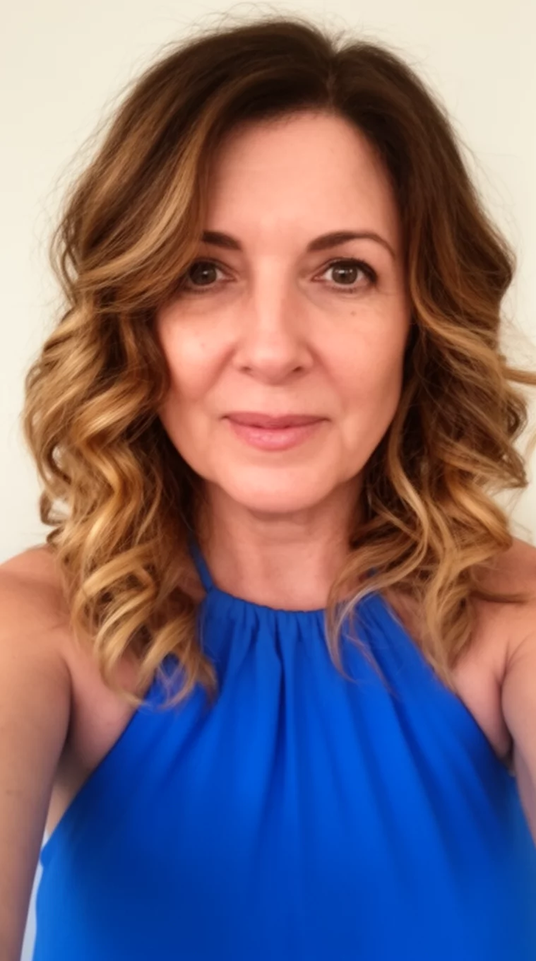 selfie of a 42-year-old woman wearing a blue halter top with a wavy brown hair with warm blonde highlights hairstyle, front view, minimal background