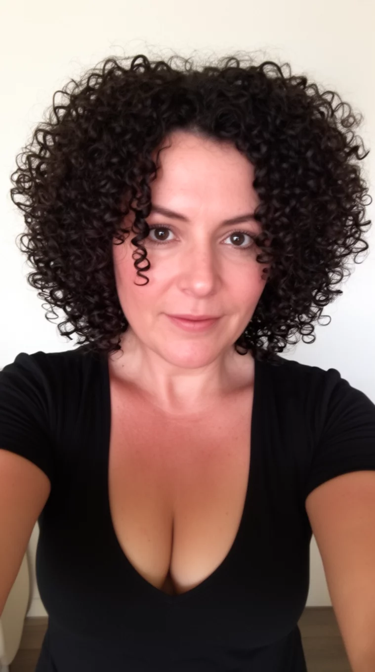 selfie of a 43-year-old woman wearing a low-cut black top with a voluminous medium-length dark corkscrew curls hairstyle, front view, minimal background