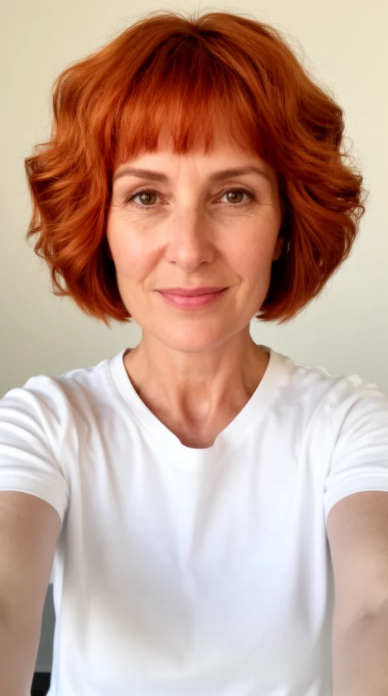 selfie of a 40-year-old woman wearing a white t-shirt with a short coppery-red wavy bob hairstyle, front view, minimal background