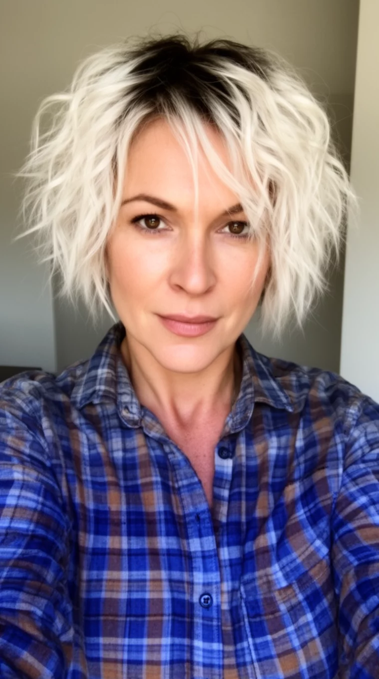 selfie of a 35-year-old woman wearing a blue and brown plaid button-up shirt with a short platinum blonde choppy wavy hair and dark roots hairstyle, front view, minimal background