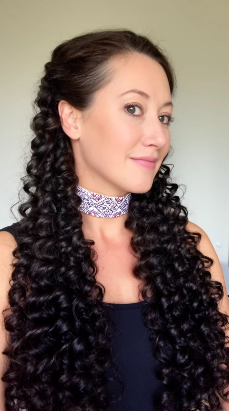 selfie of a 38-year-old woman wearing a patterned choker with a long dark tight ringlet curls hairstyle, side view, minimal background