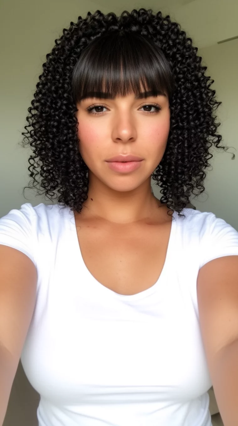 selfie of a 27-year-old woman wearing a white top with a defined spiral curls and short fringe hairstyle, front view, minimal background