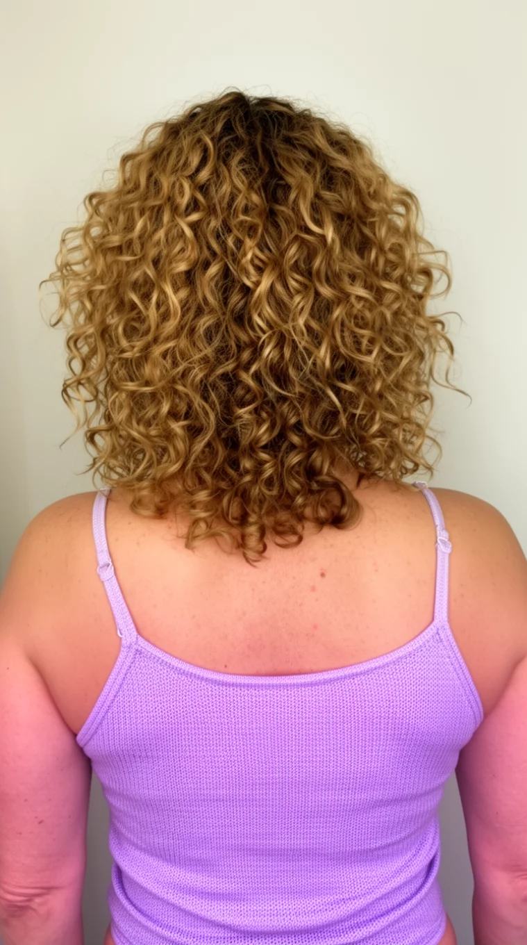 casual photo of a 45-year-old woman wearing a light purple knit camisole with a voluminous sun kissed curls hairstyle, back view, minimal background