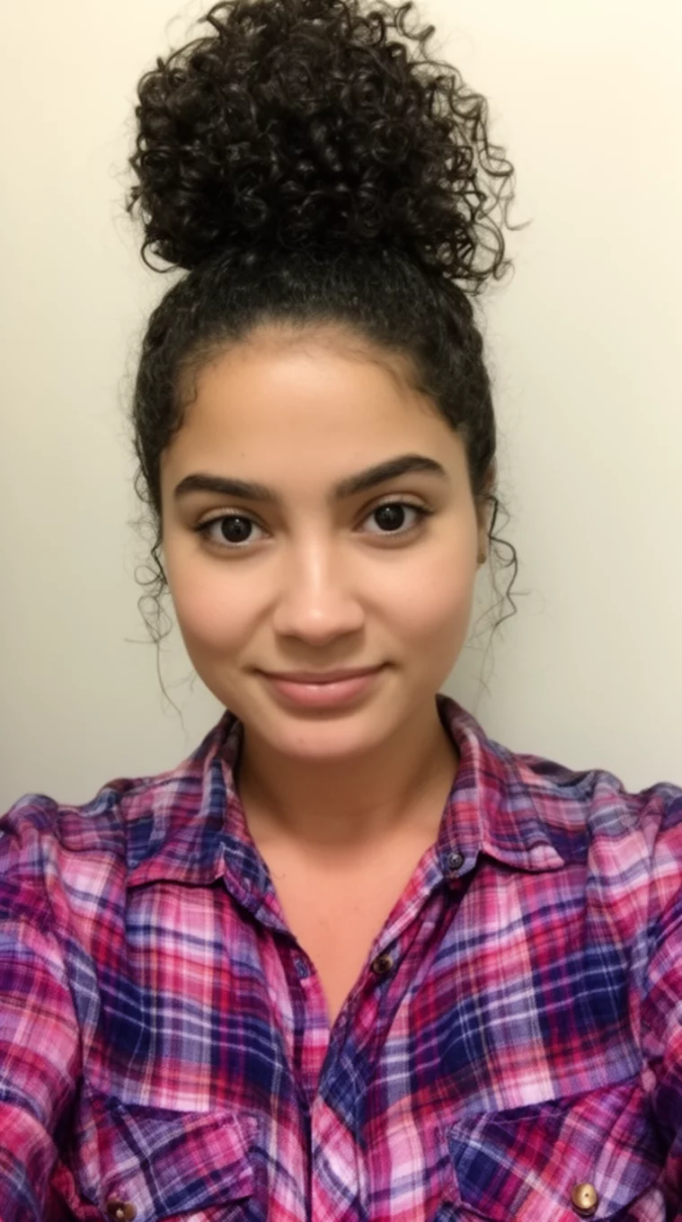 selfie of a 28-year-old woman wearing a plaid shirt with a dark curly hair in a high voluminous pineapple bun hairstyle, front view, minimal background