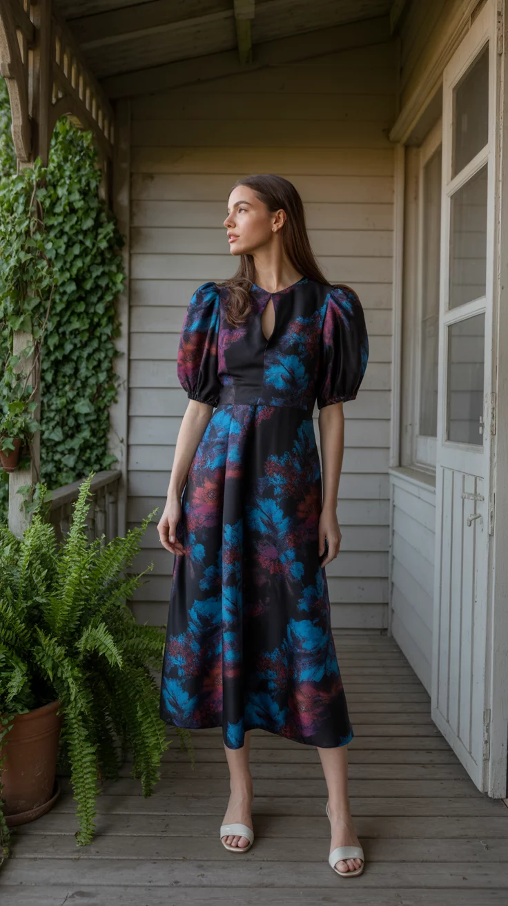 A beautiful woman in a black midi dress with a colorful moody floral print, puff sleeves, a keyhole bust, and white sandals, she stands on a wooden porch.