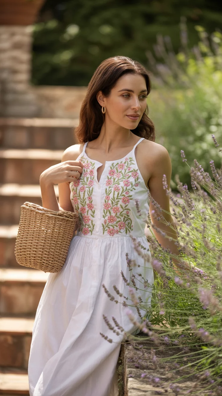 A beautiful woman in a white sundress with pink and green floral embroidery and a basket bag, she poses in a terraced outdoor setting.