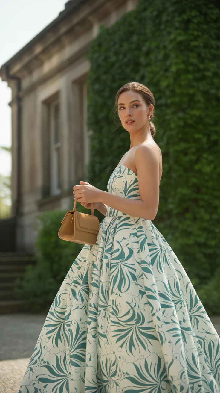 A beautiful woman in a white strapless ballgown featuring a bold green floral print and holding a small tan handbag, she stands in front of a stone building with ivy.
