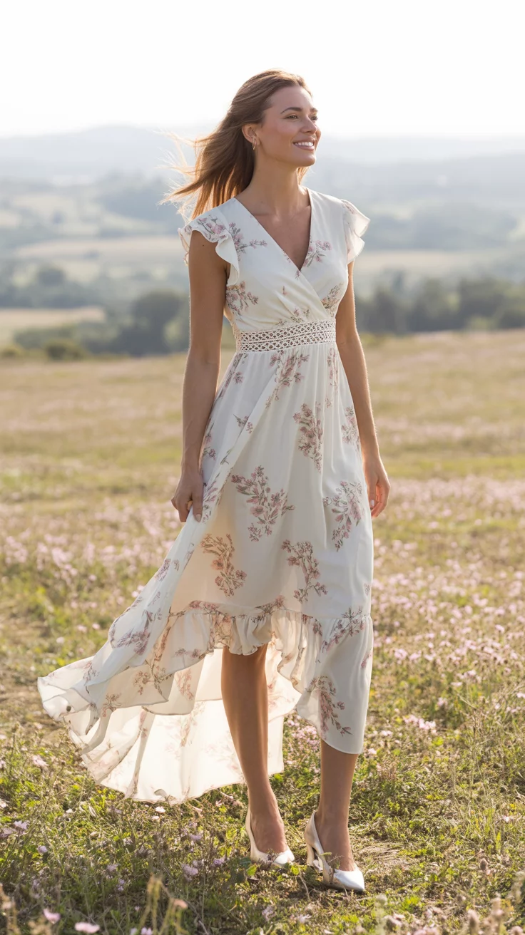 A beautiful woman in a white high-low maxi dress with a pink floral print, a V-neck, ruffled cap sleeves, lace waist detail, and white heels, she poses outdoors.