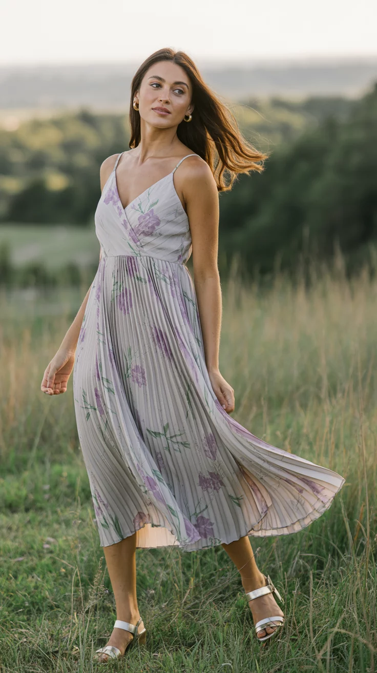 A beautiful woman in a flowing pleated midi dress with soft purple and green floral print, thin straps, and metallic silver sandals, she poses outdoors.