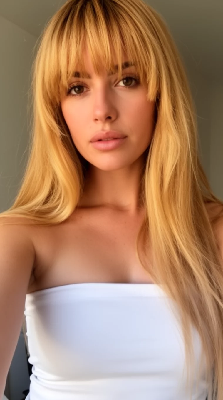 selfie of a 30-year-old woman wearing a white strapless top with a sun-drenched honey blonde colored long hairstyle with bangs, front view, minimal background