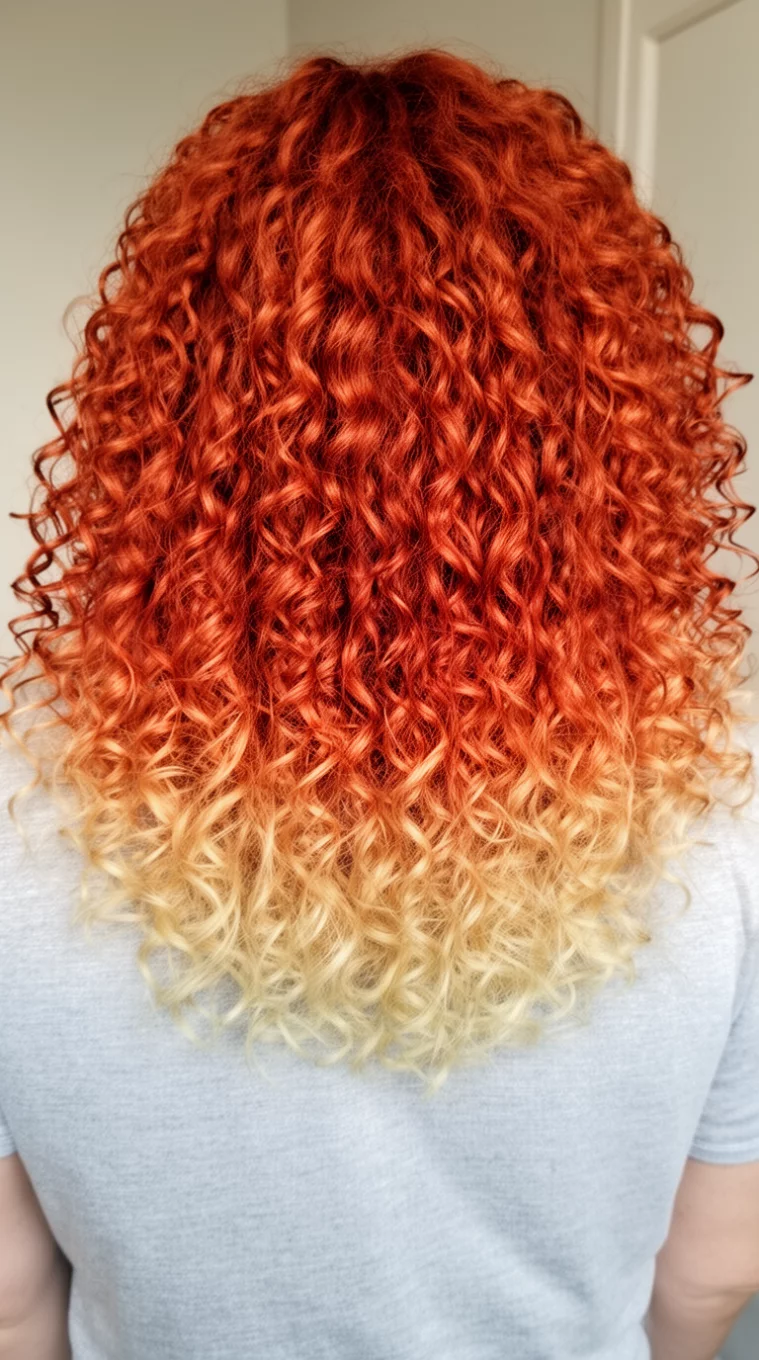 casual photo of a 49-year-old woman wearing a casual top with a coppery-red and blonde tipped colored voluminous curly hairstyle, back view, minimal background