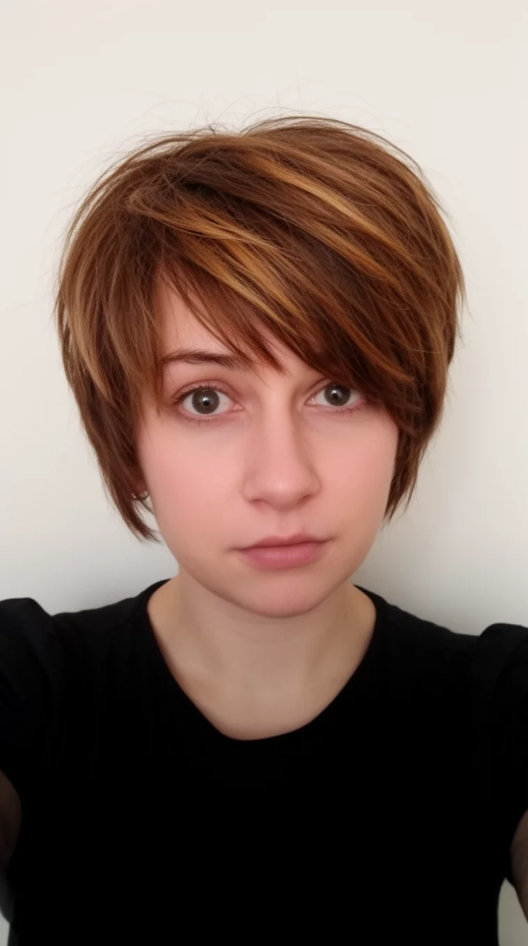 selfie of a 29-year-old woman wearing a black top with a muted walnut brown with highlights colored short layered hairstyle, front view, minimal background