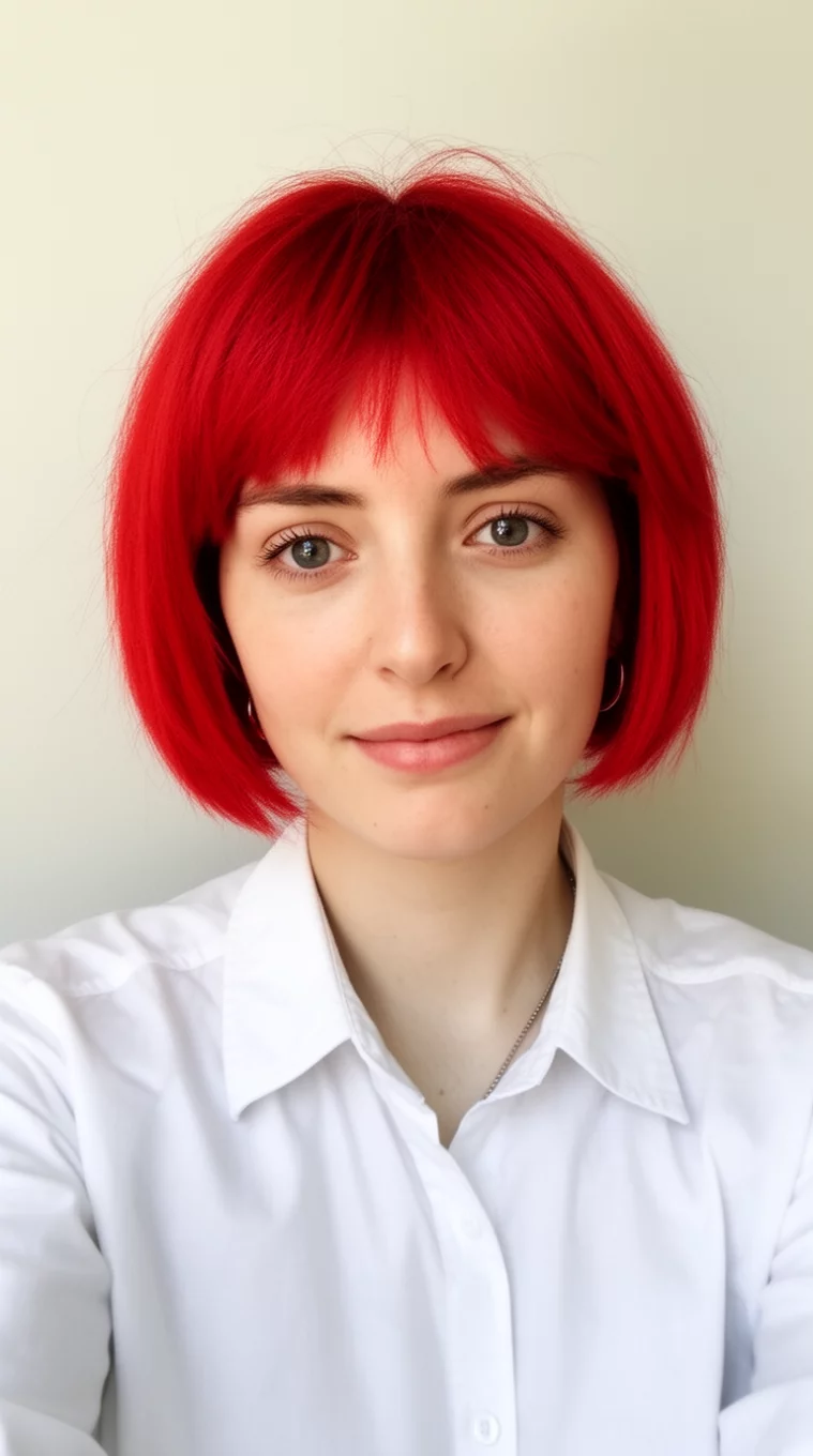 selfie of a 28-year-old woman wearing a white collared shirt with a vibrant red colored short bob hairstyle, front view, minimal background