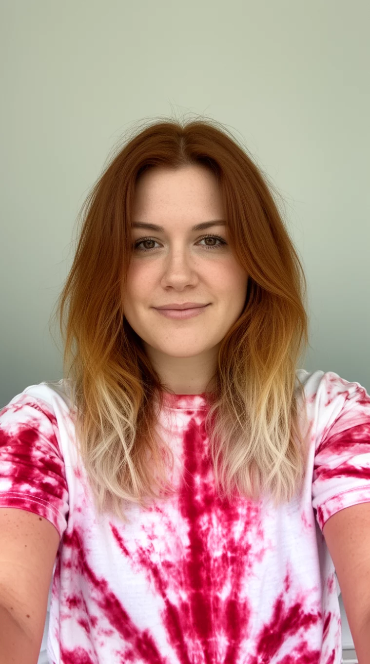 selfie of a 31-year-old woman wearing a white and red tie-dye shirt with an auburn and light tipped colored medium-long hairstyle, front view, minimal background