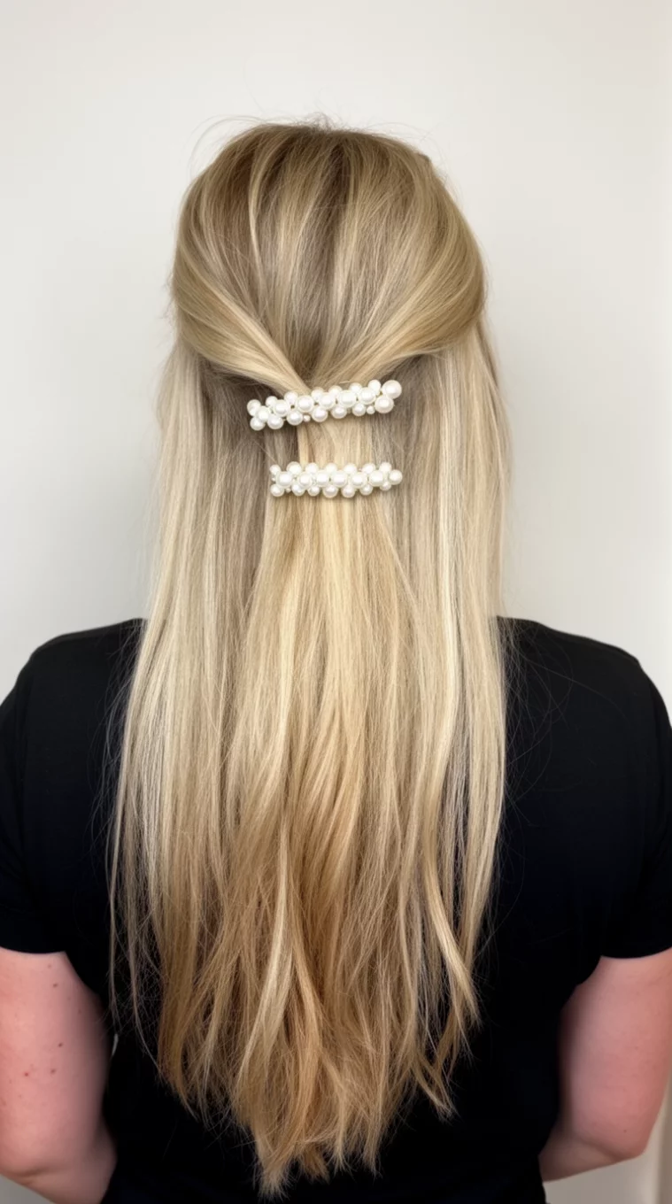 casual photo of a 33-year-old woman wearing a black top with a blonde colored long hairstyle with pearl barrettes, back view, minimal background