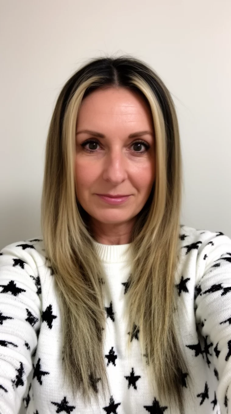 selfie of a 42-year-old woman wearing a white sweater with black stars with a blonde highlighted and dark rooted colored long hairstyle, front view, minimal background