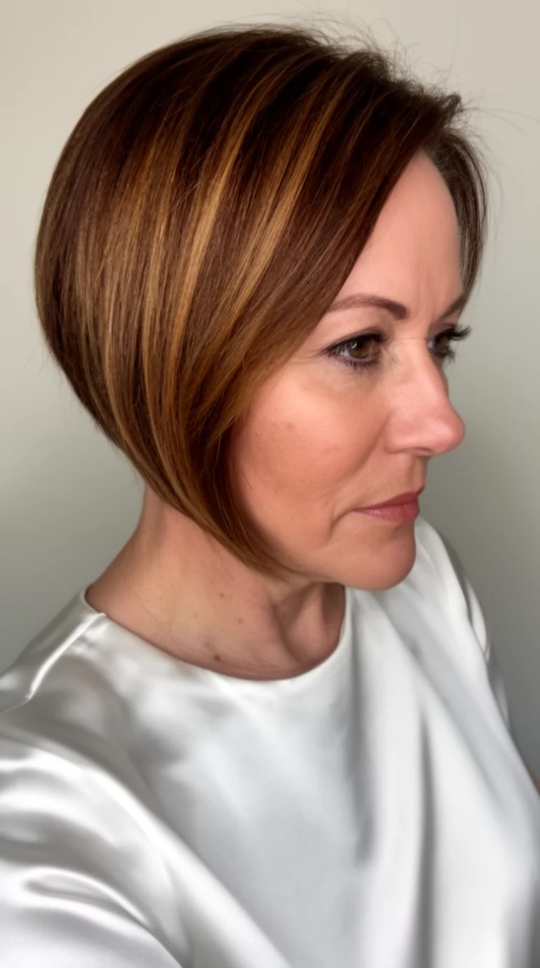 selfie of a 46-year-old woman wearing a white satin top with a highlighted brown colored angled bob hairstyle, side profile view, minimal background