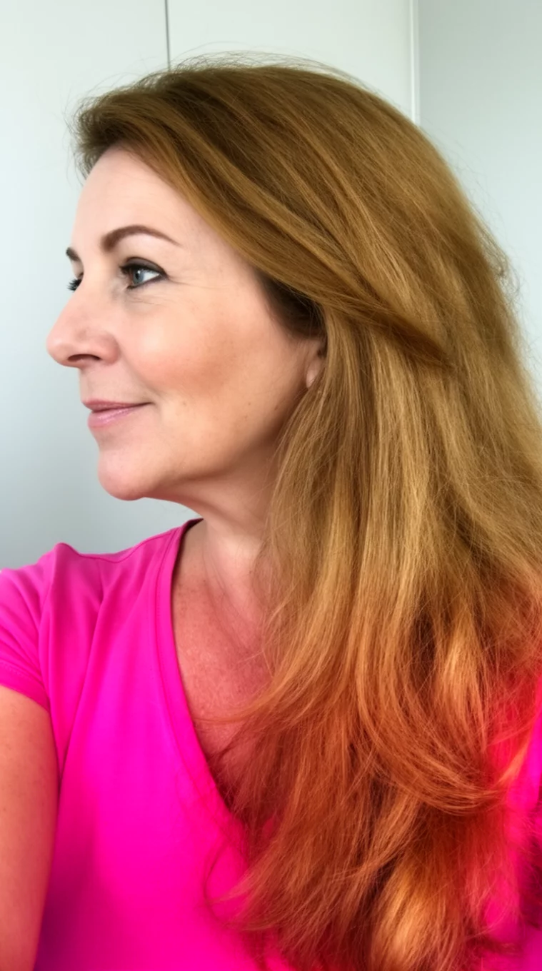 selfie of a 40-year-old woman wearing a pink top with a caramel-toned colored long hairstyle, side profile view, minimal background