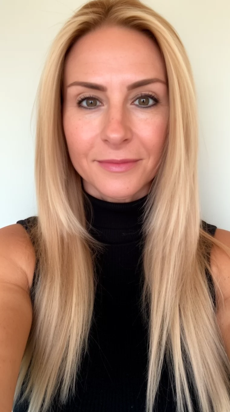selfie of a 38-year-old woman wearing a black sleeveless turtleneck with a toasted almond blonde face-framing colored long hairstyle, front view, minimal background