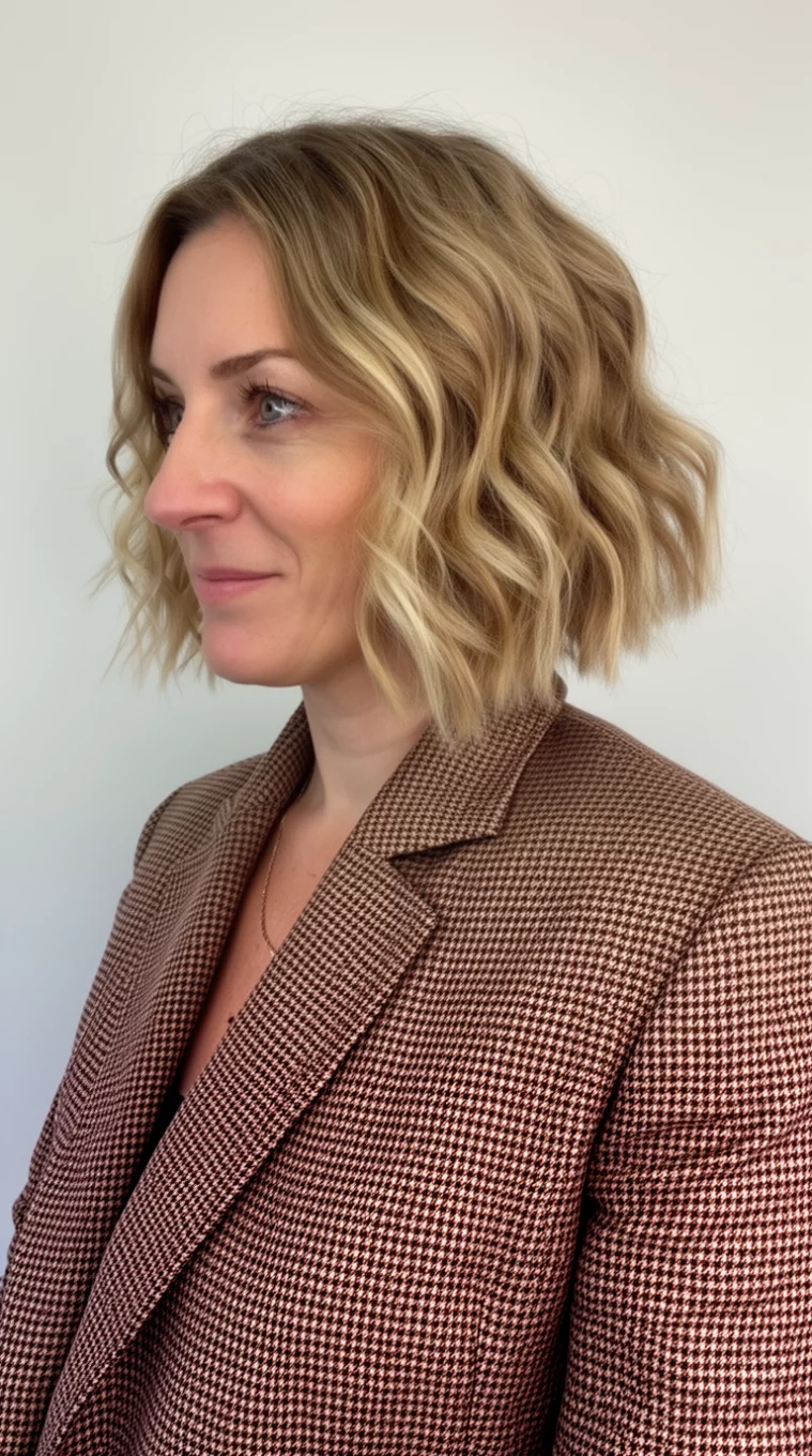 selfie of a 35-year-old woman wearing a brown houndstooth blazer with a light brown and blonde colored wavy bob hairstyle, side profile view, minimal background