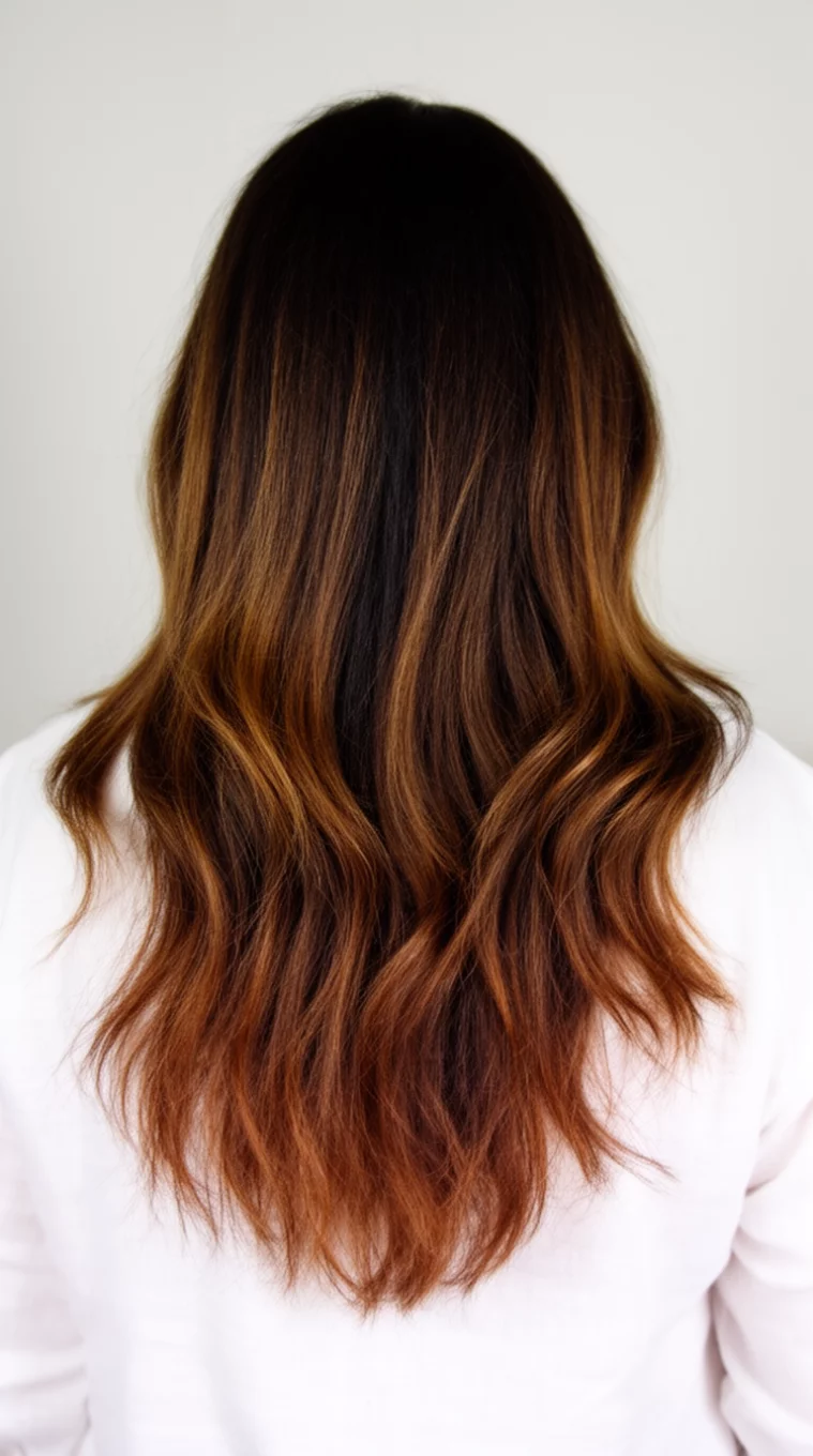 casual photo of a 47-year-old woman wearing a white background garment with a dark brown and subtle caramel colored long hairstyle, back view, minimal background