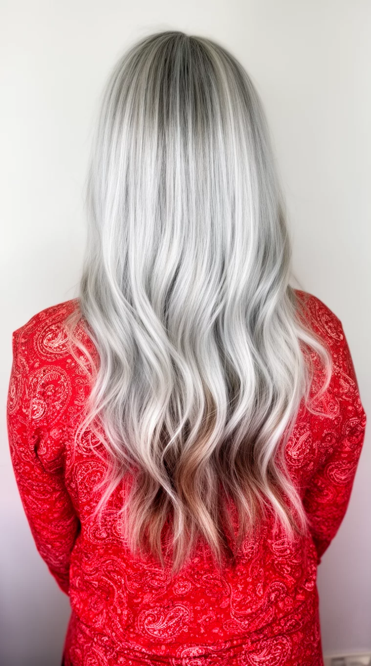 casual photo of a 31-year-old woman wearing a red patterned top with a platinum blonde with lowlights colored long hairstyle, back view, minimal background