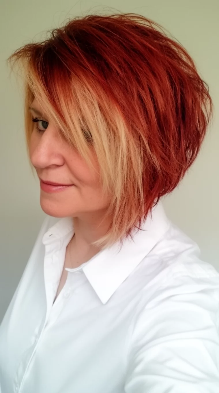 selfie of a 44-year-old woman wearing a white shirt with a reddish-brown and lighter tipped colored choppy bob hairstyle, side view, minimal background