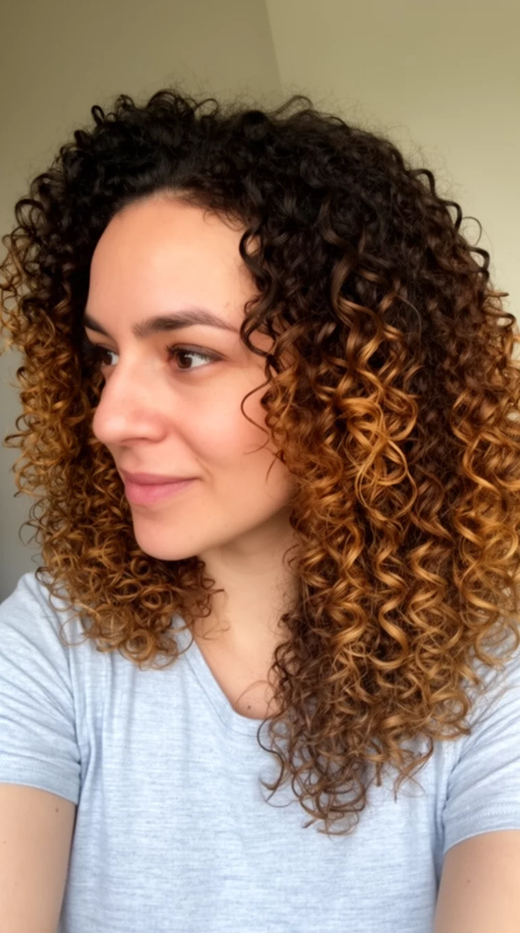 selfie of a 36-year-old woman wearing a casual top with a dark brown and caramel highlighted colored voluminous curly hairstyle, side view, minimal background