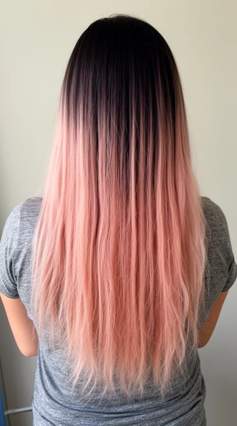 casual photo of a 27-year-old woman wearing a gray top with a dark rooted to rose-gold blonde colored long hairstyle, back view, minimal background
