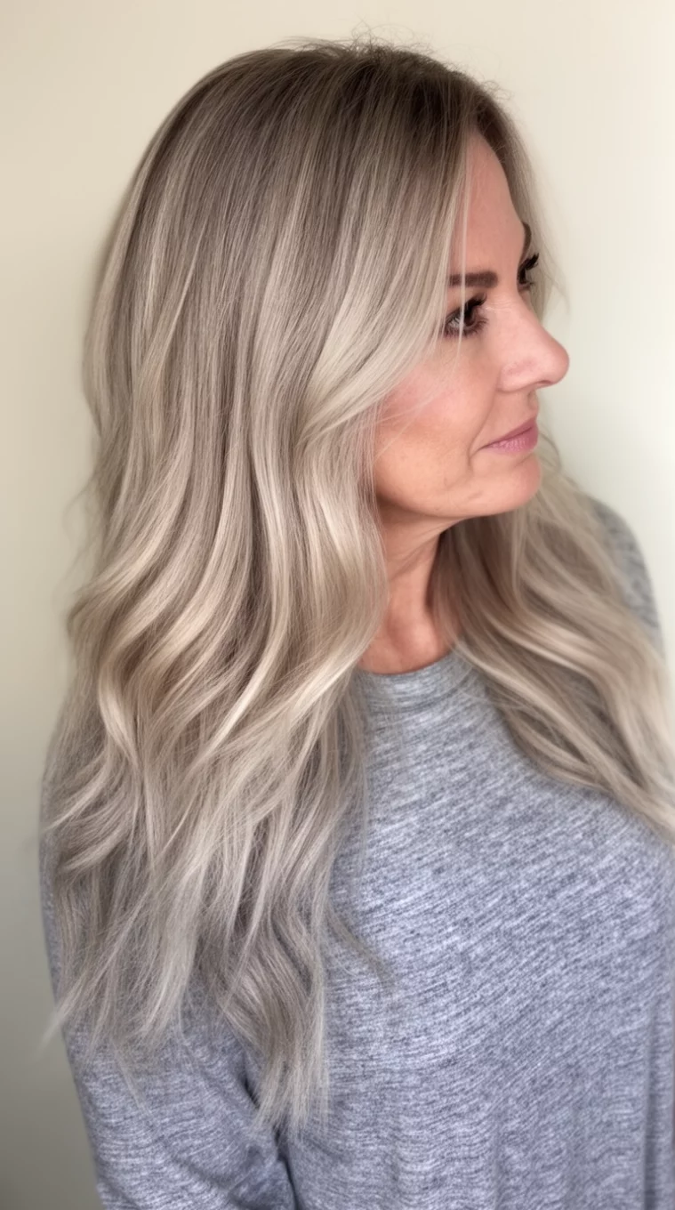 casual photo of a 43-year-old woman wearing a gray top with a dimensional ash butter blonde colored long hairstyle, side view, minimal background