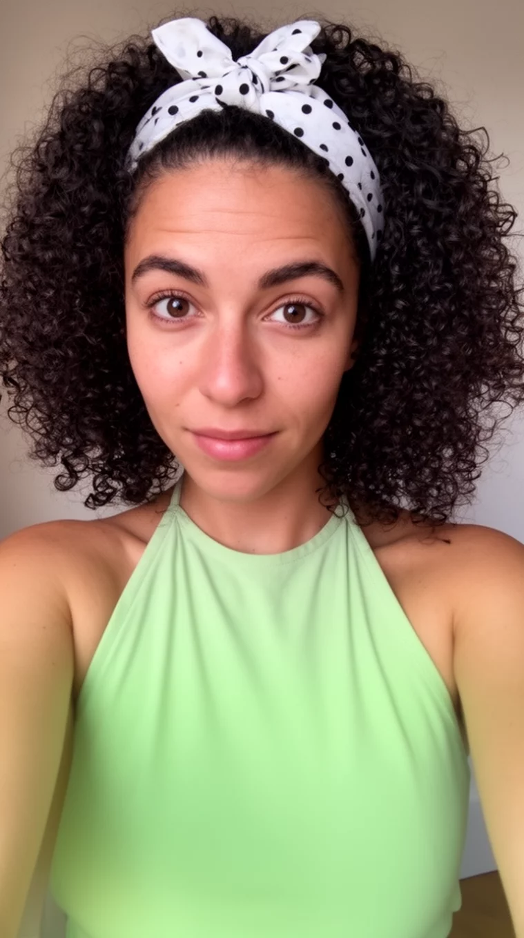 selfie of a 29-year-old woman wearing a light green halter top with a curly dark hair with white polka-dot bandana hairstyle, front view, minimal background